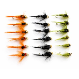 18 Goldhead Silver Ribbed Nymphs - Olive, Orange, Black