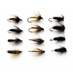 12 Wet Flies - Black & Peacock, Coch y bondhu & Greenwell Hackled