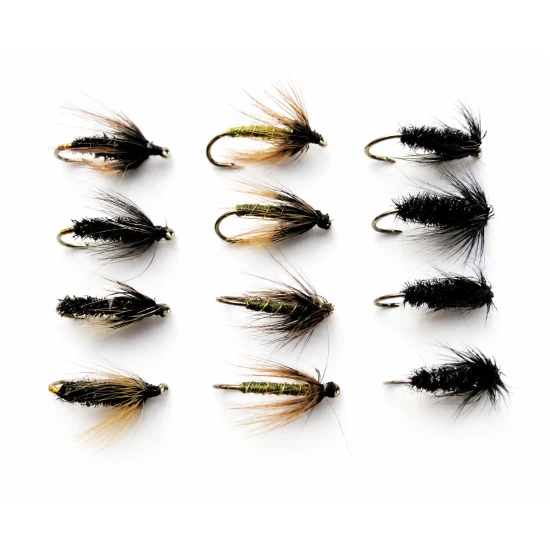 12 Wet Flies - Black & Peacock, Coch y bondhu & Greenwell Hackled