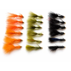 18 Mini Goldhead Flash Damsels, Orange, Black and Olive
