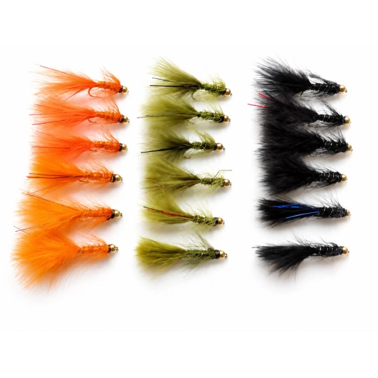 18 Mini Goldhead Flash Damsels, Orange, Black and Olive