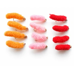 12 Mop Flies, Pink Orange & Red Wotsits