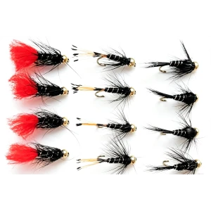 12 Barbless Goldhead Nymph, Blacks - Zulu, Black & Silver, Black & Pennel