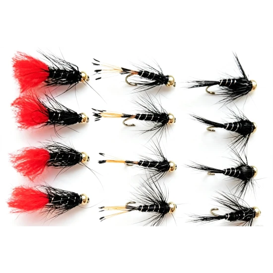 12 Barbless Goldhead Nymph, Blacks - Zulu, Black & Silver, Black & Pennel