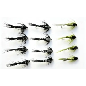12 Nymph, Black Gnat, Olive & Black Silver Ribbed