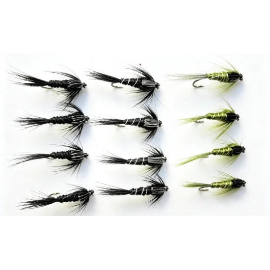 12 Nymph, Black Gnat, Olive & Black Silver Ribbed