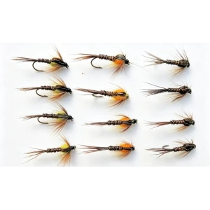 12 Pheasant Tail  Nymph Flies - orange, natural & yellow