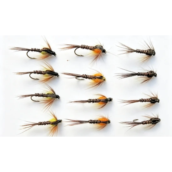 12 Pheasant Tail  Nymph Flies - orange, natural & yellow