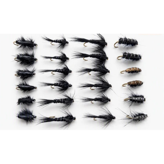 24 Black Nymph Flies - Chomper, Semtex, Ribbed, Gnat
