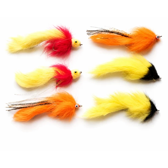 6 Mixed Pike Flies - Mad Mullet, Yellow/Black Bunny, Pumpkin