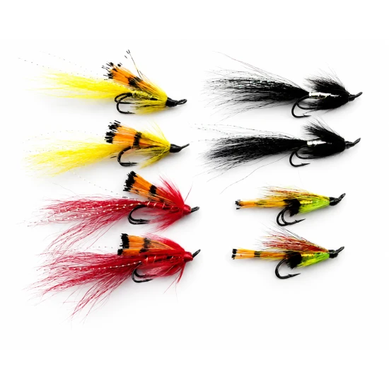 8 Salmon Doubles - Black and Silver, Red Allys Shrimp, Yellow Allys Shrimp and Green Highlander