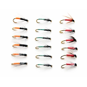 18 Wets Flies, Northern Countries Spiders - Orange tag, Wire & woodcock, Pearly Butt