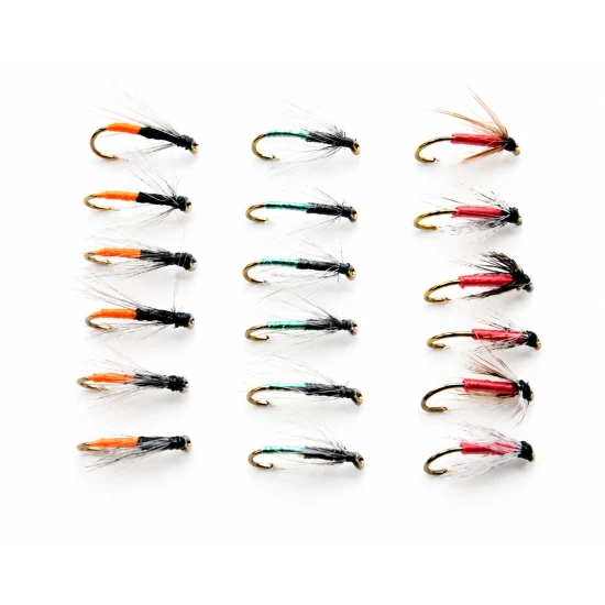 18 Wets Flies, Northern Countries Spiders - Orange tag, Wire & woodcock, Pearly Butt