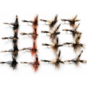 16 Humpy Flies - Black, Brown, Yellow, Olive