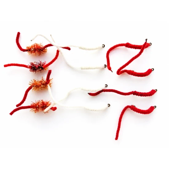 12  Mixed Worm -  Fritz Worm, Red & White Chenille Worms