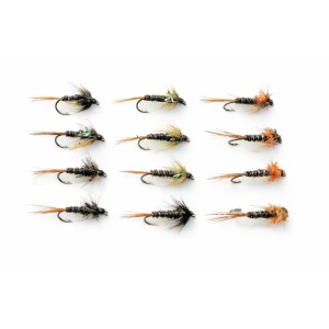 12 Barbless Crunchers, Black, Olive & Orange