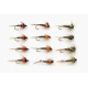 12 Barbless Crunchers, Red, Olive & Orange