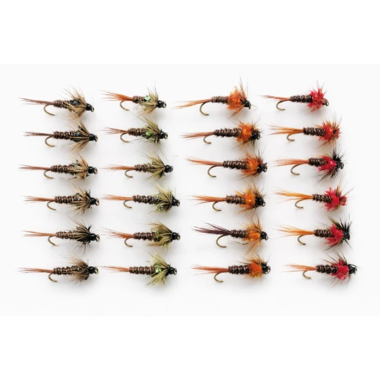 24 Barbless Cruncher Nymphs - Black, Olive, Red, Orange