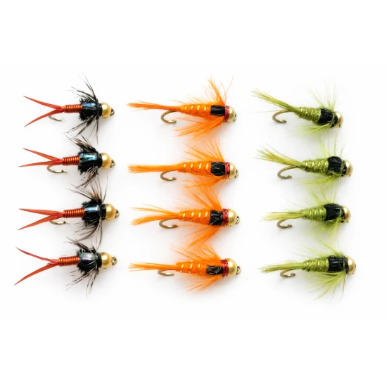 12 Barbless Goldhead Nymph - Copper John, Orange & Olive