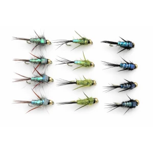 12 Barbless  Goldhead Nymph, Evil Weevil - Natural,Olive,Black