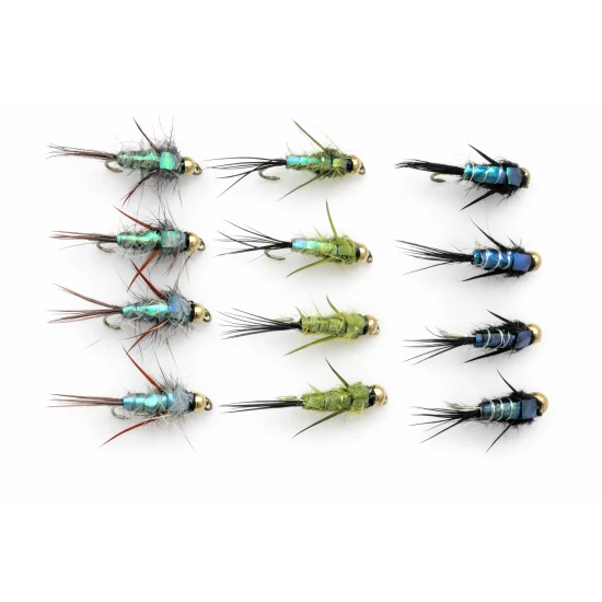 12 Barbless  Goldhead Nymph, Evil Weevil - Natural,Olive,Black