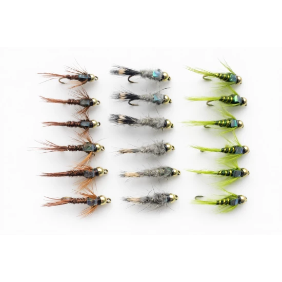 18 Barbless Goldhead Flash Head Hares Ear, Pheas Tail and Olives
