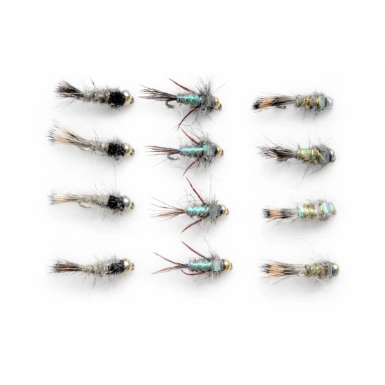 12 Barbless Goldhead Nymph - Hares Ear Standard, Hares Ear Flash body, Evil Weevil