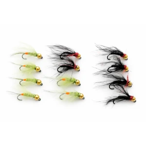 12 BARBLESS Goldhead Jigs -  Black Red Holo and Olive Hackled