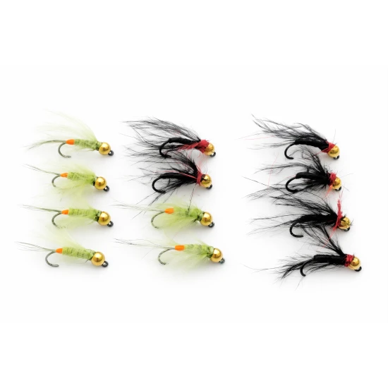 12 BARBLESS Goldhead Jigs -  Black Red Holo and Olive Hackled