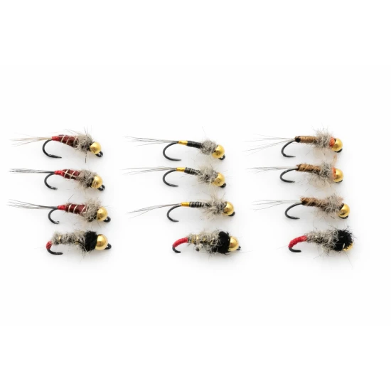 12 BARBLESS Goldhead Jigs - Gold Tag, HE Copper Rib, HE Red Tag, Cinnamon HE