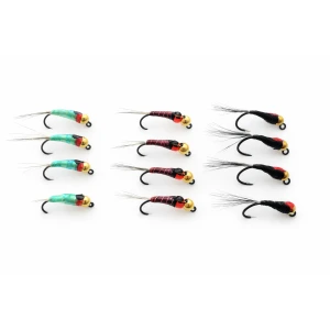 12 BARBLESS Goldhead Jigs - Red Dot, Red Hothead, Black Pearly Dot