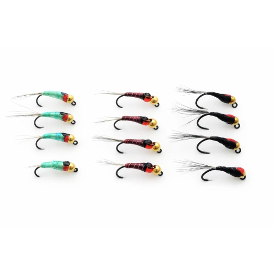 12 BARBLESS Goldhead Jigs - Red Dot, Red Hothead, Black Pearly Dot