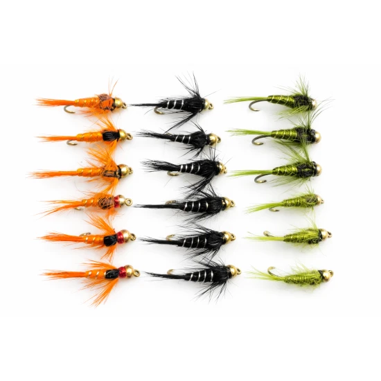 18 Barbless Goldhead Silver Ribbed Nymphs - Olive, Orange, Black
