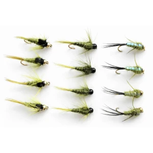 12 Barbless Goldhead Nymph - OLIVES -Evil weevil, Tungstens, Goldheads
