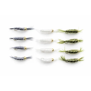 12 Barbless Scud, Grey, White & Olive