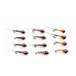 12 Barbless Tungsten Bead Perdigon Nymph - Black, Brown & Yellow