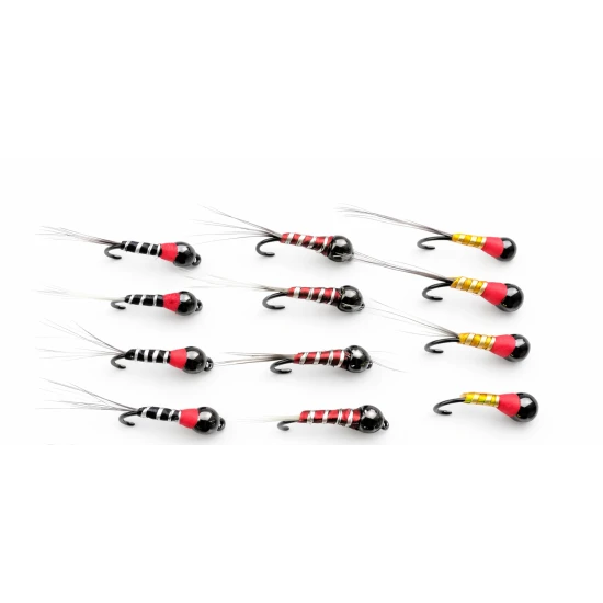 12 Barbless Tungsten Bead Perdigon Nymph - Black, Brown & Yellow