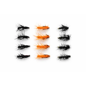 12 Barbless Snatchers - Black & Red, Orange & Black & Green
