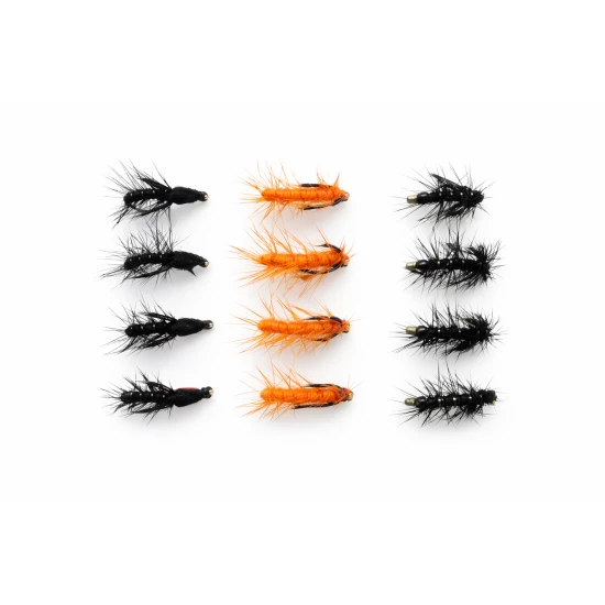 12 Barbless Snatchers - Black & Red, Orange & Black & Green