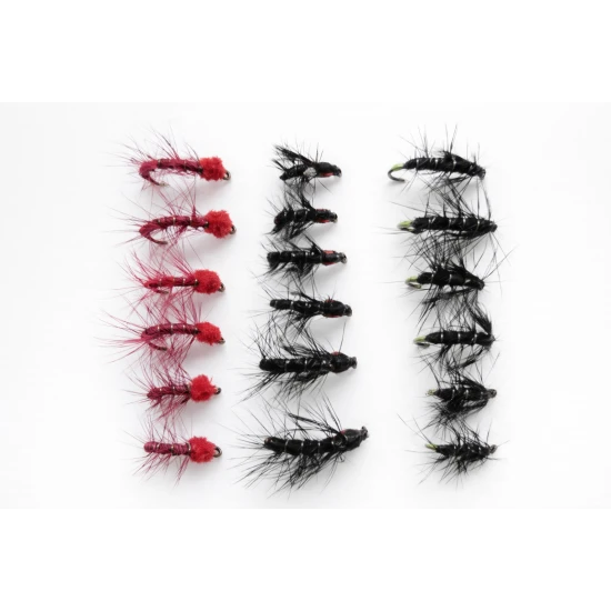 18 Barbless Snatchers, Claret, Black/Green, Black/Red