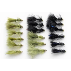 18 Barbless Mini Goldhead Flash Damsels, Black and Olive
