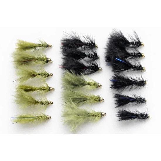 18 Barbless Mini Goldhead Flash Damsels, Black and Olive